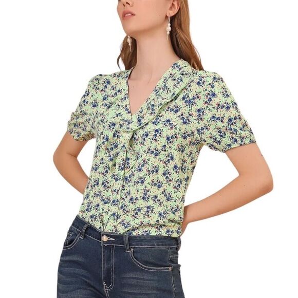 NEW Allegra K Green Floral Shirt - Picture 1 of 7